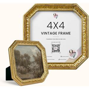 97 Decor 4x4 Vintage Picture Frame  Gold Antique Frame 4x4, Square Ornate Frames 4 X 4 With Glass Front For Tabletop Photo Display And Wall Hanging, Vintage Wall Decor