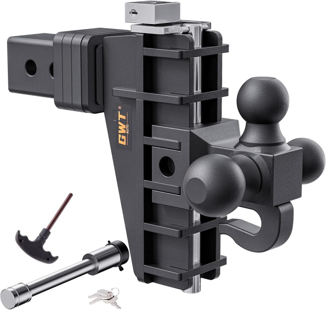 Adjustable Trailer Hitch with Hook, Tri-Ball (1-7/8" x 2" x 2-5/16") Drop Hitch, Fits 2.5-Inch Receiver, 6 Inch Drop Hitch, 18500 LBS GTW-Class 3 Tow Hitch for Heavy Duty Truck, Black