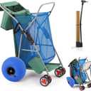DoubleFill Foldable Beach Cart with 12 Inch Balloon Wheels for Sand, 100 lb Capacity Beach Wagon with Aluminum Frame, Removable Tote, Folding Sand Cart for Gear, Fishing, Camping(Blue Green,Classic)