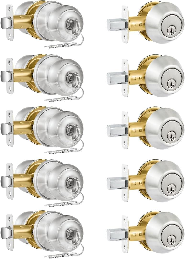 Plustool 5 Pack Entry Door Lock and Single Cylinder Deadbolt Combo Set, Keyed Alike Satin Nickel Exterior Door Knobs with Lock&Keys, Round Ball Door Locksets with Deadbolt for Entrance and Front Door