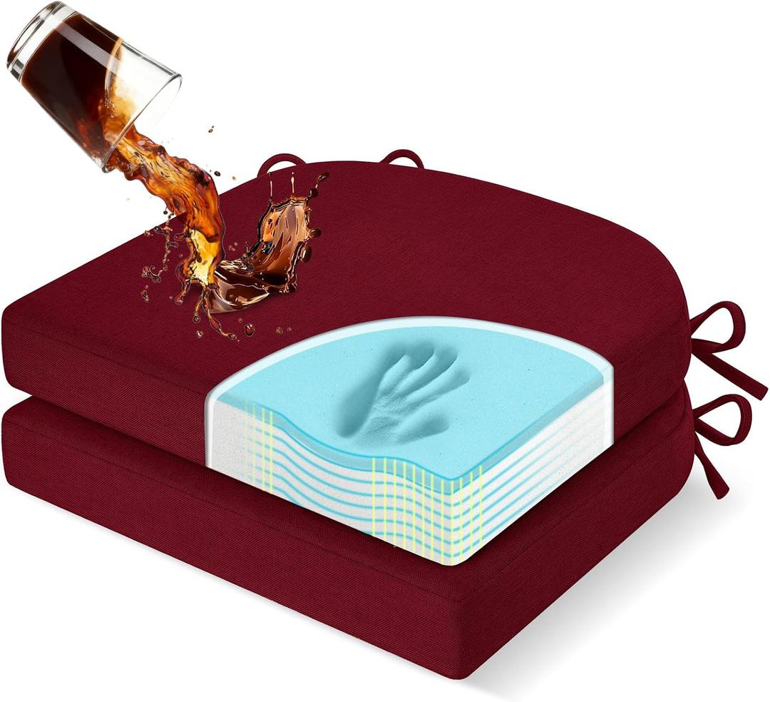 downluxe Chair Cushions for Dining Chairs, Memory Foam Linen Kitchen Chair Pads with Ties, Waterproof, Stain-Resistant and Washable Cover, 17" x 16" x 2.5", Red, 2 Pack