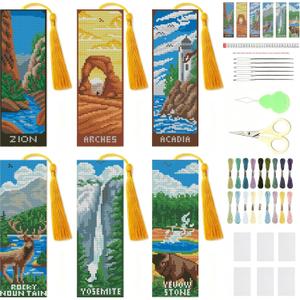 NEGEKFKX 6 Pcs National Park Cross Stitch Bookmark Kit for Adult Beginners,Cross Stitch Kits 14 CT DIY Crossstitch Kits Adult Stamped Bookmark Embroidery Bookmarks Kit