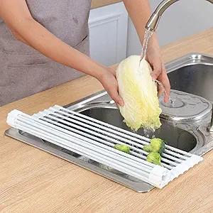 Roll Up Dish Drying Rack, Over The Sink Dish Rack, Heat-Resistant Anti-Slip Stainless Steel Dish Drainer with Silicone-Coated for Cups Fruits Vegetables - 17" x 13", Grey (Gray)