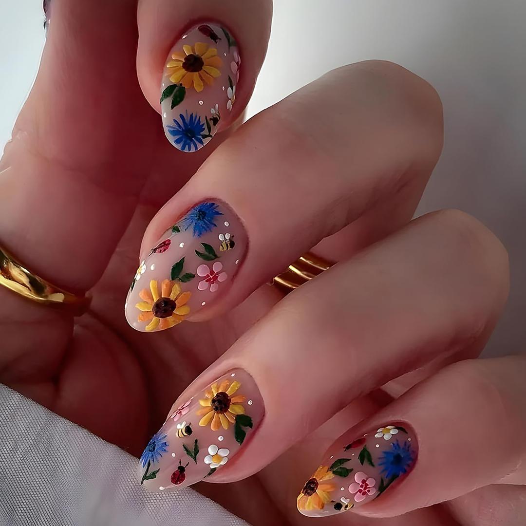 Flower Press on Nails Almond Medium Spring False Nails 3D Florals Design Full Cover Coffin Nails Artificial Stick on Nails Medium Acrylic Nails Reusable Glue on Nails for Women (48 Pcs)