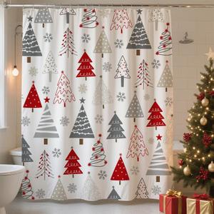 Christmas Tree Shower Curtain Grey Beige Red Xmas Tree with Snowflake Cute Bathroom Curtain Merry Christmas Xmas Pine Winter Holiday Bath Curtain Home Decor, 72x72 Inch