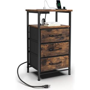 Night Stand with Charging Station, LED Nightstand with USB Ports and Outlets, Bedside Table with 3 Fabric Storage Drawers, Small Night Stands for Bedroom, Light Black (1 Piece)