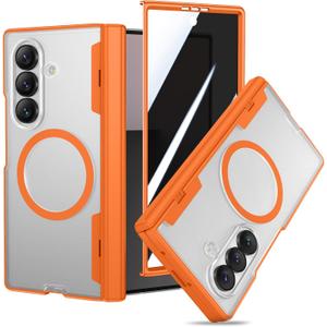 VEGO for Galaxy Z Fold 7 Case, Compatible with MagSafe, with [Hinge Protection][Front Privacy Screen Protector], Magnetic Anti-Peeping Translucent Slim Clear Cover for Samsung Z Fold 7 5G - Orange