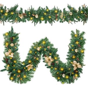 9FT Christmas Garland with Lights & Timer, Pre-Lit Artificial Christmas Garland, Pine Cones, Indoor Outdoor Xmas Decoration for Stairs, Fireplace, Mantel, Porch, Holiday Home Decor (Gold)