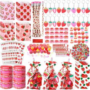 171 Pcs Strawberry Party Favors Set Includes Gift Bags Pencils Notebook Sharpener Slap Bracelets Rings Keychains Tattoo Stickers Stamper Strawberry Party Favors for Birthday Shower