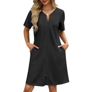 Ekouaer Women Zipper Robes Waffle Short Bathrobe Lightweight House Coat with Pockets Soft Nightgown S-3XL (Black, Large)