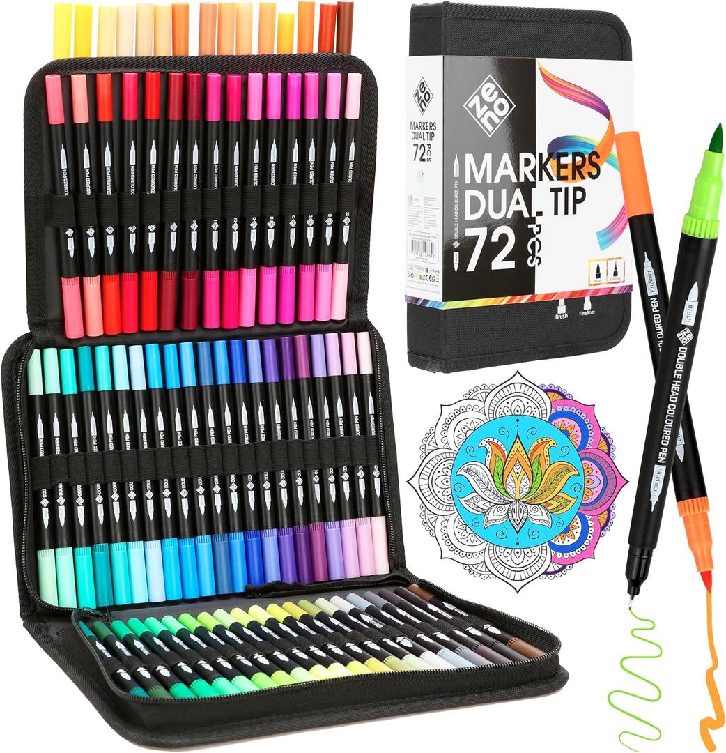 ZENO 72 Dual Tip Markers Set with Case  No-Bleed Coloring Markers for Adults - Art Pens for Color Books, Fine & Brush Tip - Watercolor Pens for Artists, Coloring, and Journaling