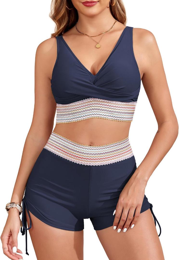 Century Star Women's Two Piece Swimsuit with Boy Shorts High Waisted Bikini Sets Sporty Swimming Suits Bathing Suit (Medium, Navy)