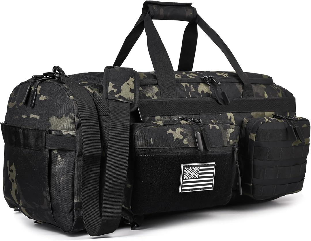 LHI 50L Tactical Duffle Bag for Men, 3-in-1 Gym Duffle and Backpack, Shoe Compartment, Laptop Sleeve and MOLLE, Carry-On Travel Weekender and Overnight Bag – Black CP Camo, 25.6"L × 11"W × 10.7"H