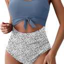 Eomenie Women's One Piece Swimsuit Tummy Control Slimming Bathing Suit Cutout Tie Knot Swimwear (Gray Blue Striped), S