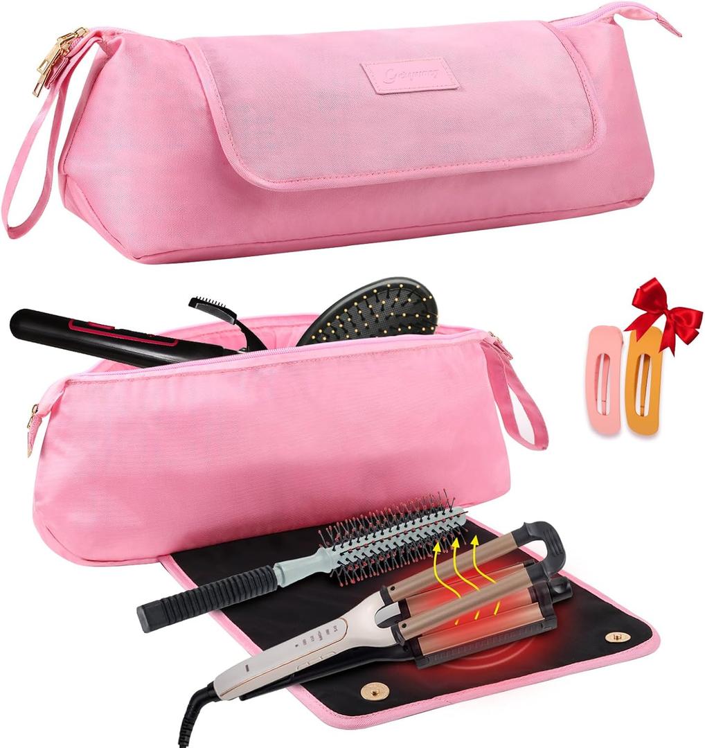 Large Hair Tools Travel Bag with Heat Resistant Mat for Straighteners, Curling Iron, Haircare Accessories, Hair Styling Tools Bag with Silicone Mat (Pink)