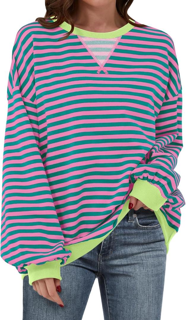Women Striped Oversized Sweatshirt Long Sleeve Crewneck Hoodies Shirts 2024 Fall Pullover Top Trendy Preppy Clothes (L)