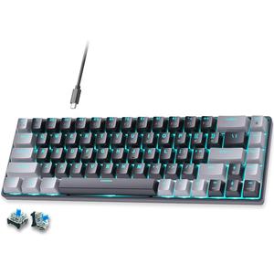 abucow 65% Mechanical Gaming Keyboard,Blue Switch Wired Compact Keyboard with Blue Backlight, Swappable Gray Black Keycaps, for Windows/Mac