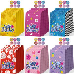 2 x MotiMind 24 Pack Hawaii Birthday Party Gift Bags with Stickers 6 Colorful Designs Luau Paper Goodie Bags for Cartoon Party Favors Tropical Summer Beach Theme Parties Gift Candy Wrapping