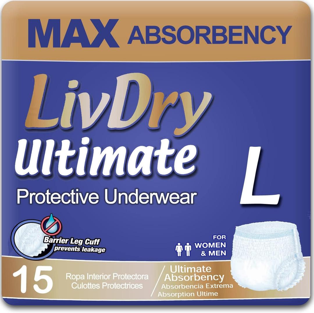 LivDry Large Ultimate Adult Incontinence Underwear, Max Absorbent Adult Diapers with Leak Protection, Size L, 15-Pack (Set of 4)