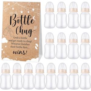 TrelaCo Bottle Chug Baby Shower Game 20 Pcs Baby Bottles Shower Favor with 1 Kraft Theme Sign for Gender Reveal Party Supplies Gifts(Beige)