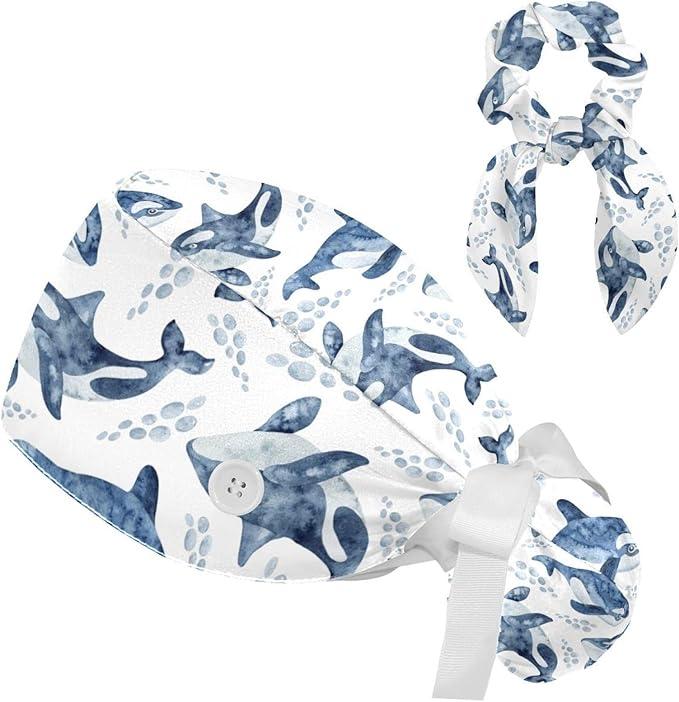 Scrub Caps Women Nursing Hats with Button, Adjustable Working Cap with Ponytail Pouch Scrunchy and Ribbon Tie for Women,