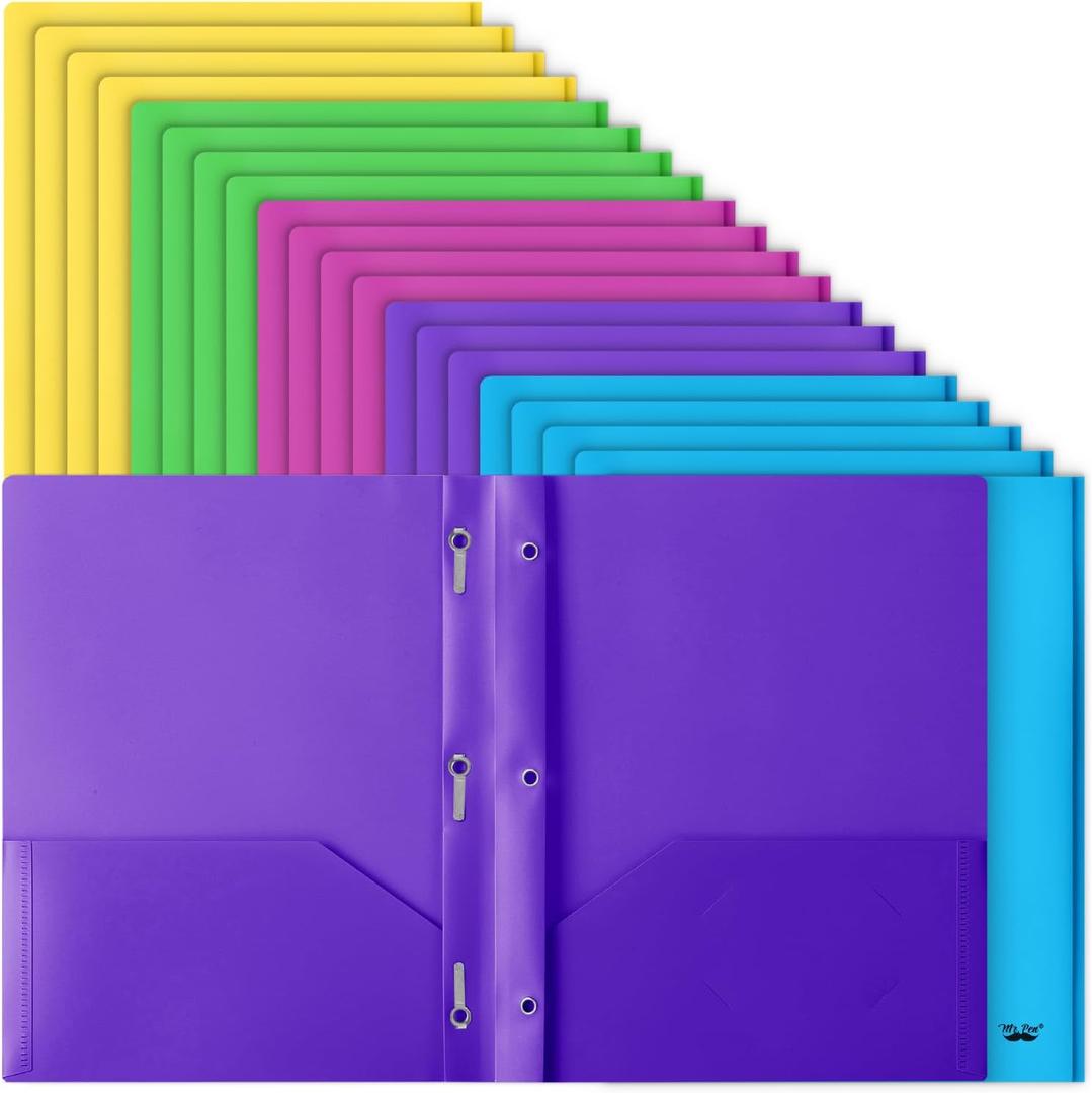 Mr. Pen- Plastic Folders with Pockets and Prongs, 20 Pack, Letter Size, Colorful, Flexible Plastic Folders with Prongs (Bright Colors)