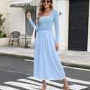 Women's Fall Ribbed Knit Two Piece Outfit Long Sleeve Top & High Waist Pleated Midi Skirt with Pockets (Blue, S)