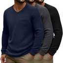 Baggyfly 3 Pack Men's Waffle Shirts Long Sleeve V Neck Raglan Sleeve Knit Tops Casual Thermal Undershirts with Pocket Regular, L