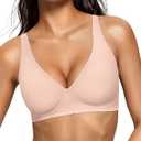 OEAK Women's Deep V Bras Wireless Comfortable Bra Supportive No Underwire Bras T-shirt Push Up Bralettes Plunge Seamless Bra (Medium, Cool Nude)