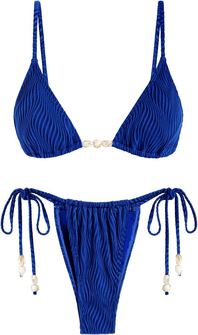 seamoly Women's Bikini Sets Ribbed Beaded Adjustable Spaghetti Strap Swimsuit Tie Side Thong Sexy 2 Piece Bathing Suit (Blue, L)