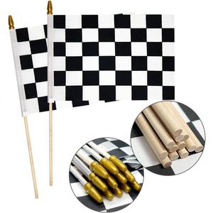 2Pcs 8x12 Inch Checkered Flags Black and White Racing Flags on Stick, Formula One F1 Racing Hand Held Stick Flag with Kid-Safe Spear Top, Children's Party Decoration