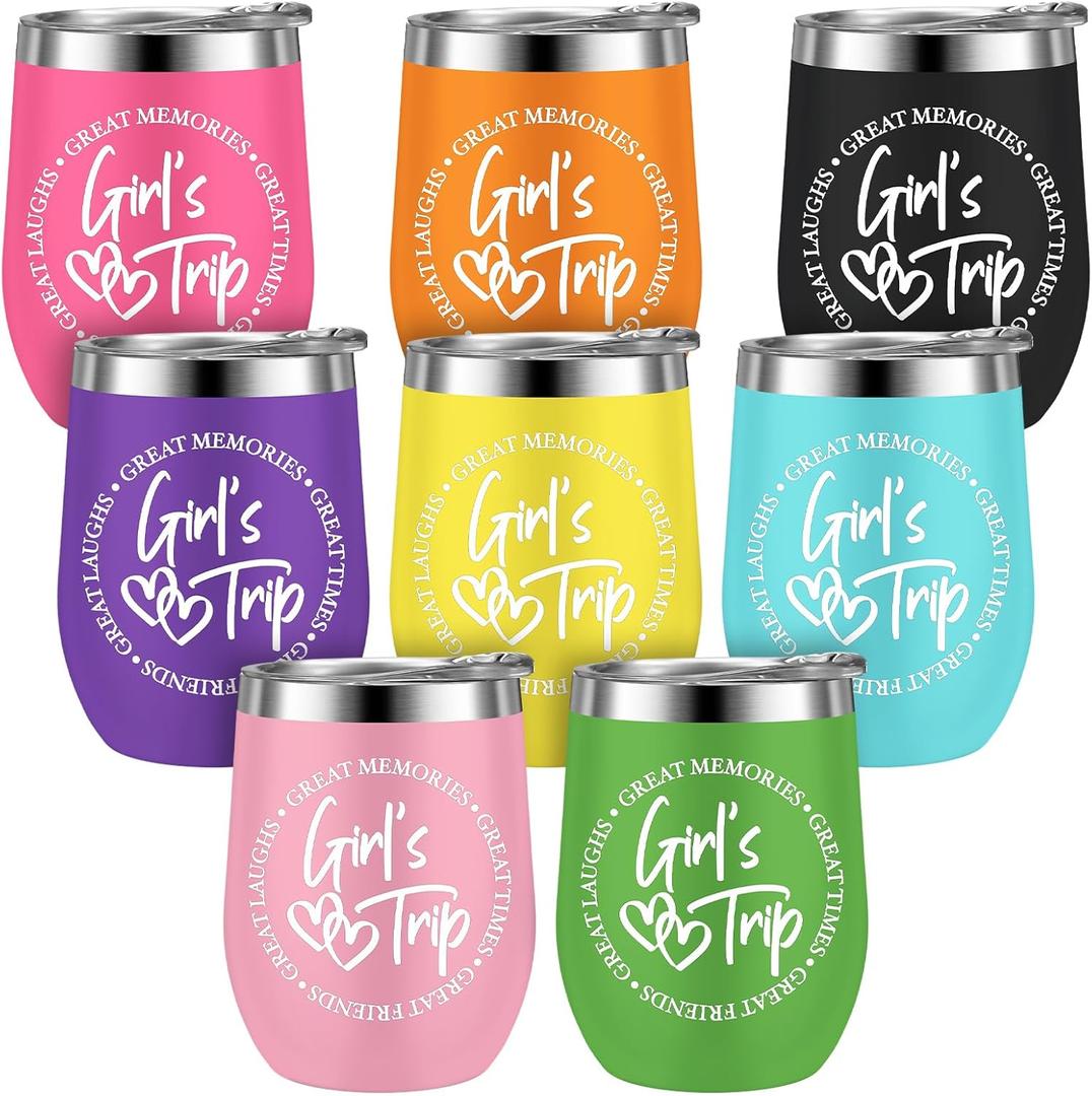 Sliner 8 Pcs Girls Trip Tumbler with Lid 12oz Stainless Steel Girls Travel Cups Beach Wine Mug Bridesmaids Gift for Friend Besties Wedding Bachelorette Vacation Cruise Party Favors