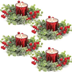 Red Berry Xmas Candle Rings Wreaths with Candle Holders - 4 Pcs, Christmas Centerpieces for Table, Home Decor