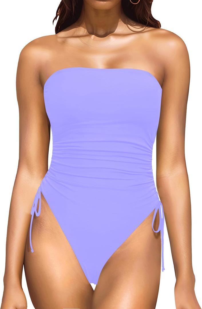 Yonique Women Strapless One Piece Swimsuit Tummy Control Bandeau Bathing Suit Cheeky Swimwear (Medium, Lavender)