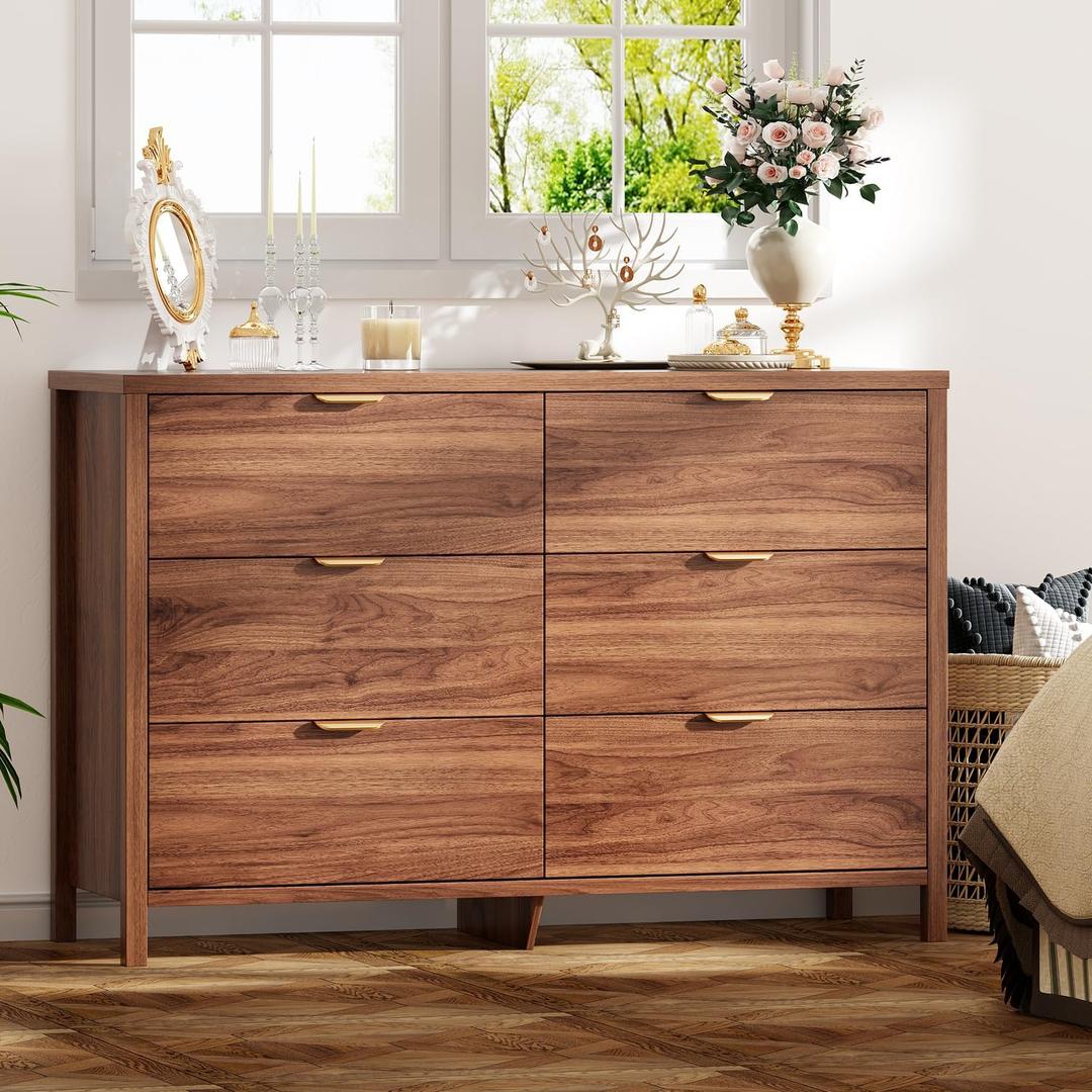 Dresser for Bedroom with 6 Drawers, 47.2" Modern Chest of Drawers, Dresser TV Stand, Wood Drawer Organizer for Living Room, Hallway, Walnut