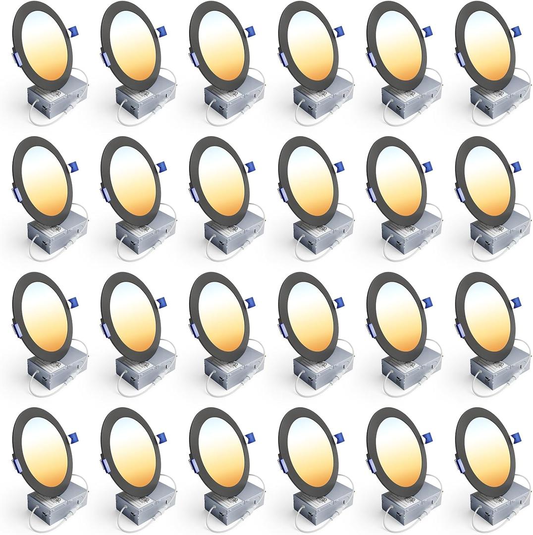 Ensenior 24 Pack 6 Inch LED Recessed Ceiling Light, Dimmable, 2700K-5000K 5CCT, 1200LM 12W 120V, High Brightness Dimmable Canless Wafer Downlight - ETL&FCC&IC (5000k/4000k/3500k/3000k/2700k - 5cct Black)