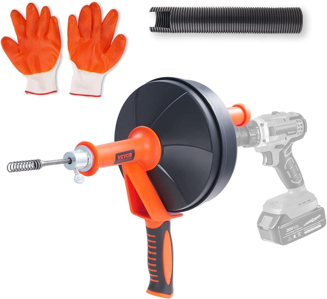 VEVOR Drain Auger 25Ft, Plumbing Snake with Drill Attachment, Plumbers Snake Drain Clog Remover for Kitchen Bathroom Shower Sink with Protective Hose and Gloves VEVOR Drain Auger 25Ft, Plumbing Snake with Drill Attachment, Plumbers Snake Drain Clog Remover for Kitchen Bathroom Shower Sink with Protective Hose and Gloves