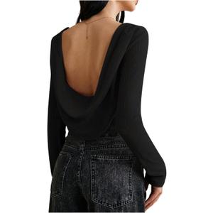 MakeMeChic Women's Backless Tops Long Sleeve Crew Neck T Shirts Fitted Y2k Going Out Top M