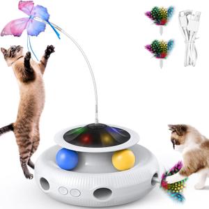 Interactive Cat Toys 4 in 1 Automatic Cat Toy for Indoor Cats, Electric Kitten Toy with USB Rechargeable, Self Play Kitty Toys with Spinner Fluttering Butterfly, Track Ball and 2 Ambush Feathers