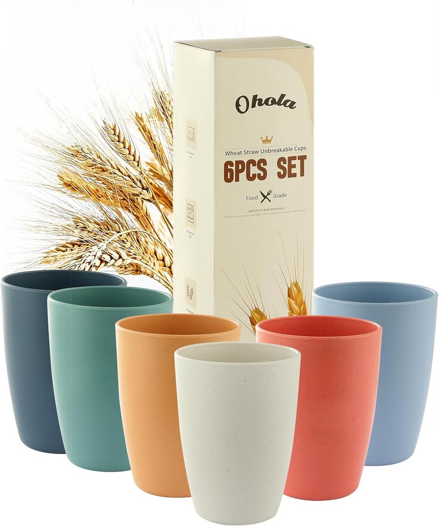 6PCS Wheat Straw Cups, OHOLA Unbreakable Reusable Plastic Drinking Glasses Cups Tumblers (12OZ, 6 Colors)