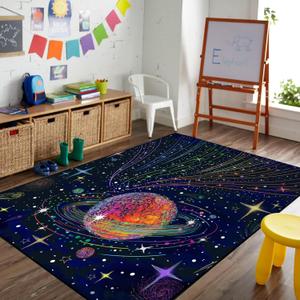Planets Rug for Kids Bedroom: 47" X 31" Dark Blue Outer Space Area Rug Galaxy Universe Star Solar System Theme Carpets Doormat for Boys Girls Teens Playroom Living Room Classroom (2'6" x 3'10")