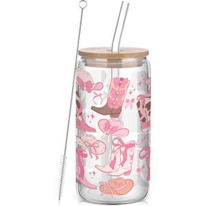 Coquette Bow Aesthetic Cup 16oz Cowgirl Glass Cup with Lid and Straw Pink Bow Tumbler Cowgirl Gifts for Women Girls Friend Sister Girlfriend