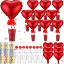 28 Sets Valentine's Day Stationery Return Gifts with Transparent Plastic Cups, Balloons, Bows, Raffia Grass and Pencils for Classroom Valentine's Exchange and School Party Favors(Heart)