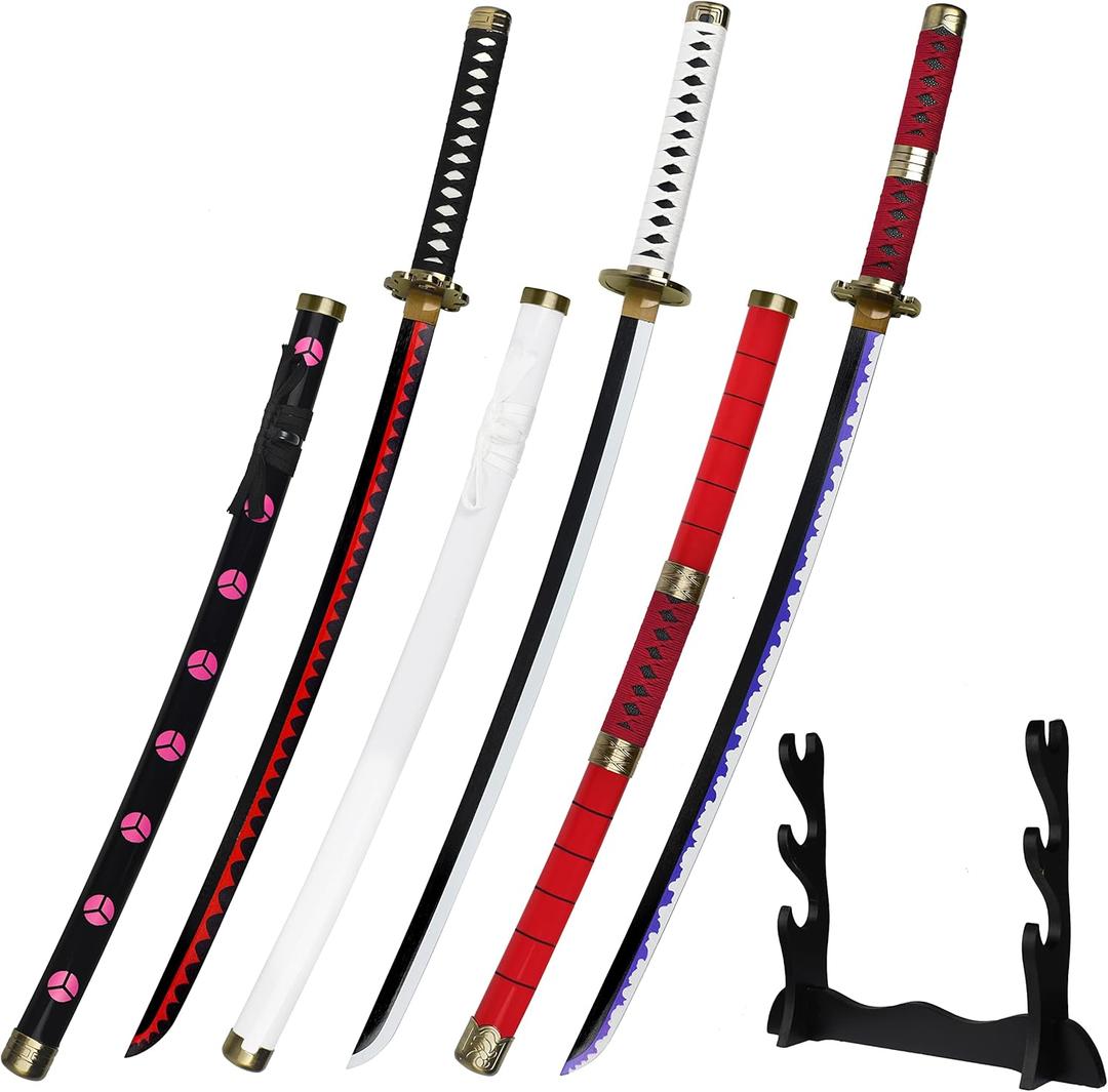 LoGest Zoro Replica Sword - Exact Replica from The Anime - Use for Arts Role Play Cosplay or Dcor with Belt and Stand (3 Piece Set Shusui-wado Ichimonji-kitetsu - Red White Black)