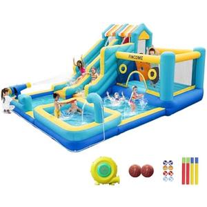 FINCOME Inflatable Bounce House, 10 in 1 Double Water Slide Bounce House with 750W Blower, Climbing Wall, Jumping, Water Gun, Splash Pool, Basketball Hoop for Kids Indoor Outdoor Backyard