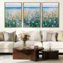 Blue Seaside Cyan Floral Wall Decor Wildflower Canvas Painting Framed Floral Prints Decor for Living Room Bedroom 16x24 Inch Set of 3