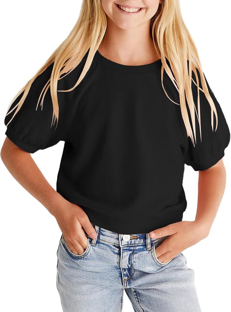 simtuor Kids Girls Cute T-Shirt Short Puff Sleeve Basic Solid Casual Loose Pullover Ribbed Cuffs Hem Tees (L, Black)