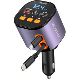 Retractable Car Charger,5 in 1 Fast Cars Phone Charger 90W,Bluetooth 5.3 FM Transmitter Adapter,Handsfree Call,2 Retractable Cables and USB Chargers for iPhone17/ 16/15/14/13/Samsung (Purplr)