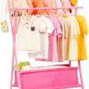 Bamboo Kids Clothing Rack with Dual Poles, Child Dress Up Rack, Clothing OrganizerRack, Small GarmentRack with Storage, Perfect for Costumes and Accessories (Pink)
