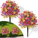Alupssuc 2Pcs 20" Artificial Topiary Ball Flowers For Outdoors Planters, Spring Decoration with Spike, UV Resistant Faux Summer Plants, Fake Bushes Indoor Decor, Mix 4 Colors for Garden, Porch & Patio, Color: Red Rose Purple Yellow